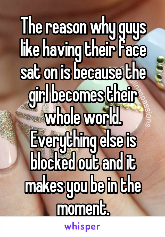 The reason why guys like having their face sat on is because the girl becomes their whole world. Everything else is blocked out and it makes you be in the moment.