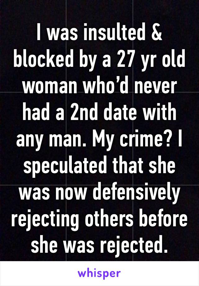 I was insulted & blocked by a 27 yr old woman who’d never had a 2nd date with any man. My crime? I speculated that she was now defensively rejecting others before she was rejected.
Go figure!