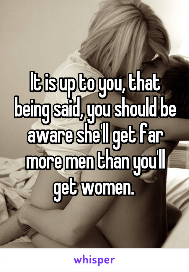 It is up to you, that being said, you should be aware she'll get far more men than you'll get women. 