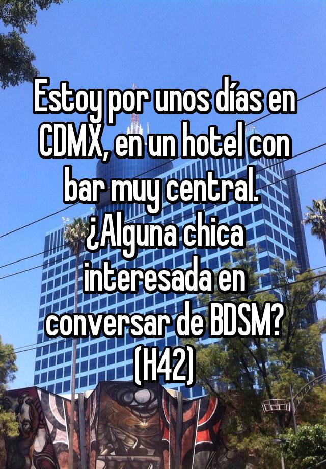 Estoy por unos días en CDMX, en un hotel con bar muy central.  ¿Alguna chica interesada en conversar de BDSM? (H42)