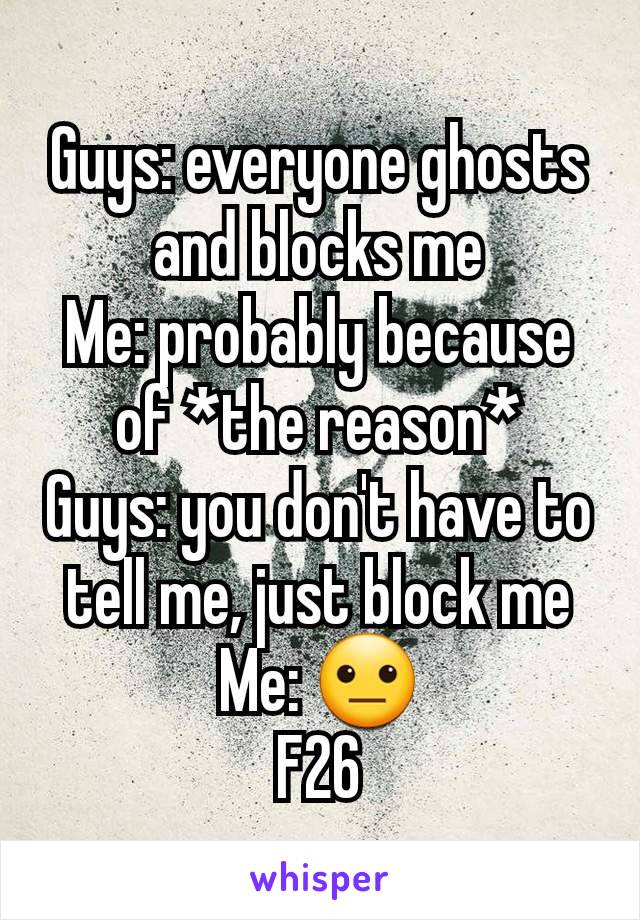 Guys: everyone ghosts and blocks me
Me: probably because of *the reason*
Guys: you don't have to tell me, just block me
Me: 😐
F26