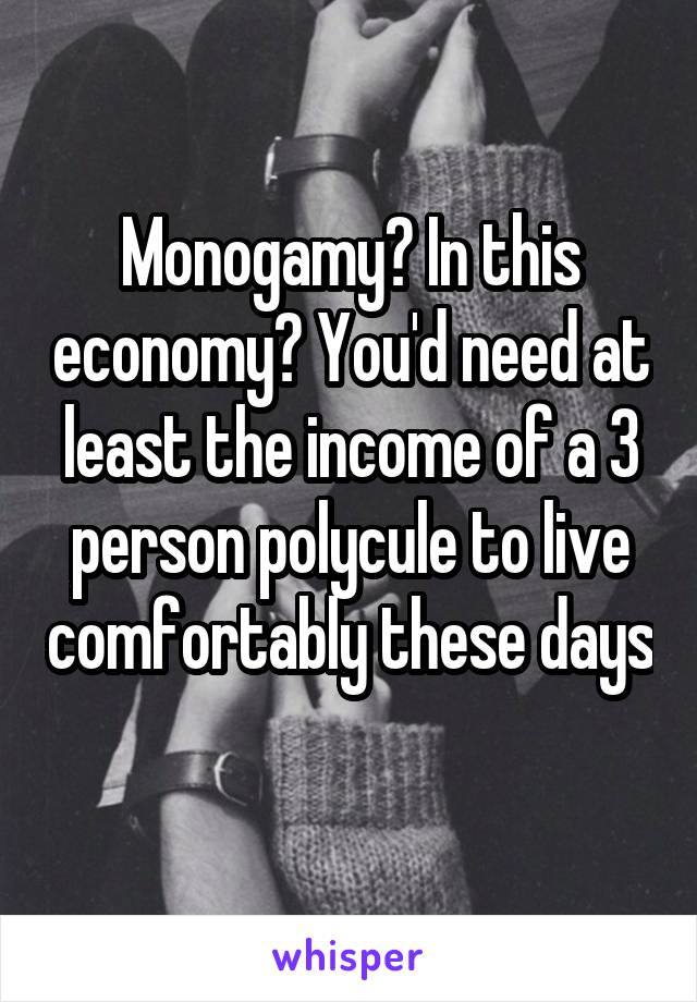 Monogamy? In this economy? You'd need at least the income of a 3 person polycule to live comfortably these days 