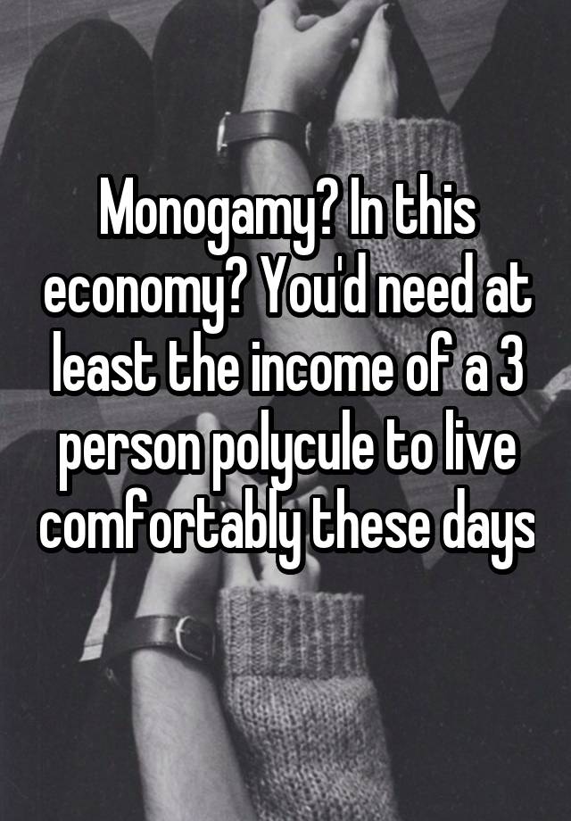 Monogamy? In this economy? You'd need at least the income of a 3 person polycule to live comfortably these days 