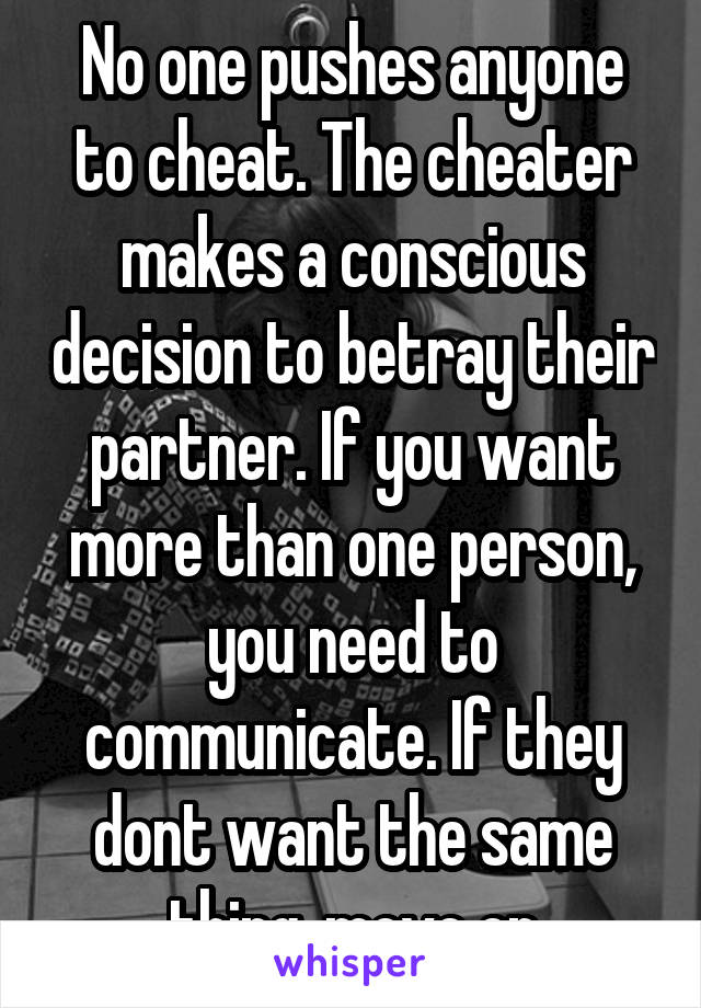 No one pushes anyone to cheat. The cheater makes a conscious decision to betray their partner. If you want more than one person, you need to communicate. If they dont want the same thing, move on