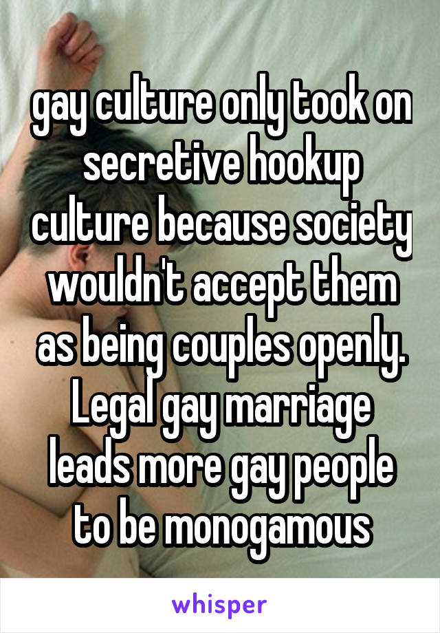 gay culture only took on secretive hookup culture because society wouldn't accept them as being couples openly. Legal gay marriage leads more gay people to be monogamous