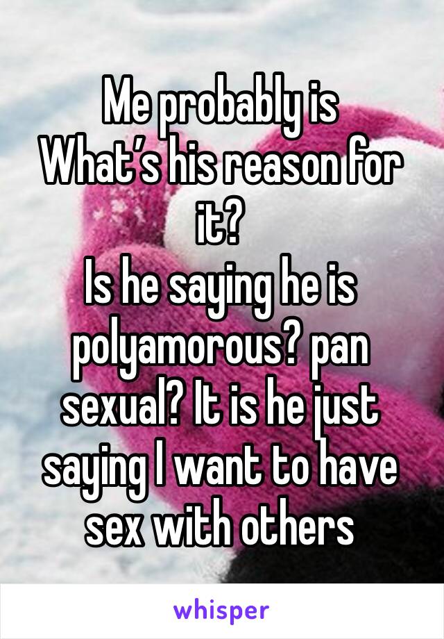 Me probably is 
What’s his reason for it?
Is he saying he is polyamorous? pan sexual? It is he just saying I want to have sex with others