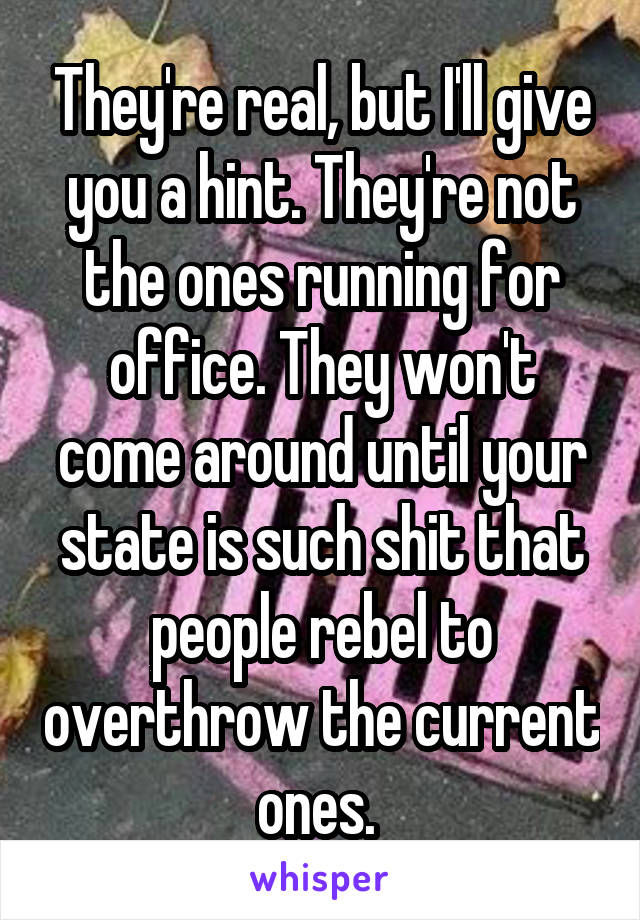 They're real, but I'll give you a hint. They're not the ones running for office. They won't come around until your state is such shit that people rebel to overthrow the current ones. 