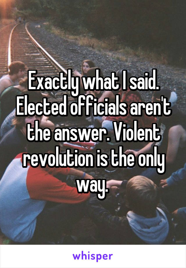 Exactly what I said. Elected officials aren't the answer. Violent revolution is the only way. 