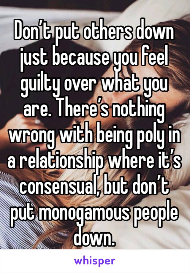 Don’t put others down just because you feel guilty over what you are. There’s nothing wrong with being poly in a relationship where it’s consensual, but don’t put monogamous people down. 