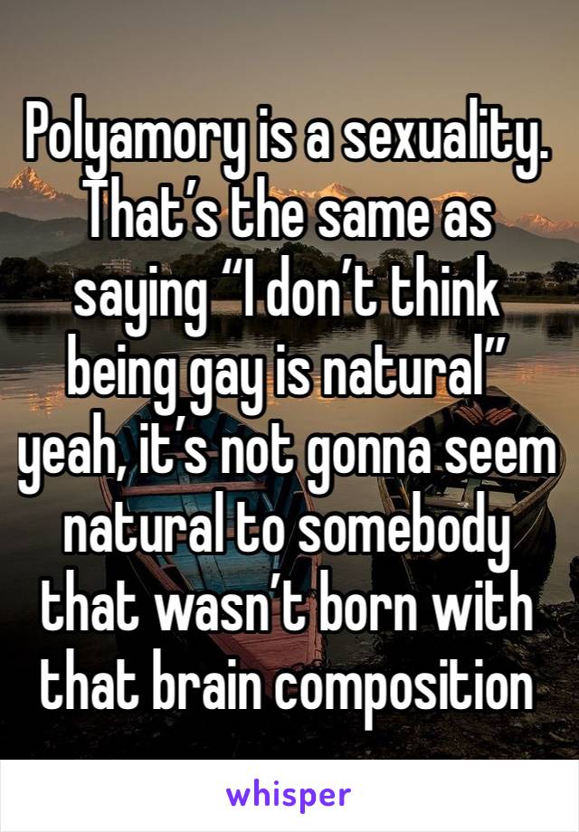 Polyamory is a sexuality. That’s the same as saying “I don’t think being gay is natural” yeah, it’s not gonna seem natural to somebody that wasn’t born with that brain composition 