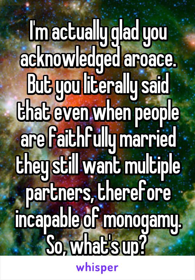 I'm actually glad you acknowledged aroace. But you literally said that even when people are faithfully married they still want multiple partners, therefore incapable of monogamy. So, what's up? 