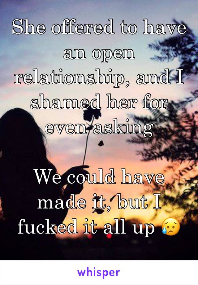 She offered to have an open relationship, and I shamed her for even asking 

We could have made it, but I fucked it all up 😥