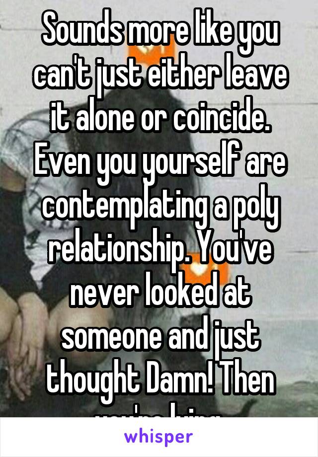 Sounds more like you can't just either leave it alone or coincide. Even you yourself are contemplating a poly relationship. You've never looked at someone and just thought Damn! Then you're lying.