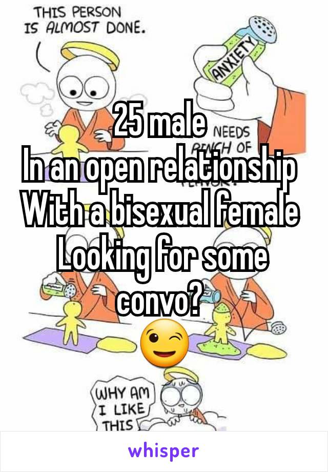 25 male 
In an open relationship 
With a bisexual female 
Looking for some convo? 
😉