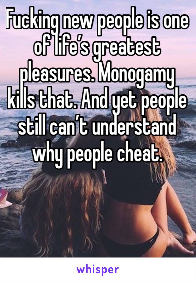 Fucking new people is one of life’s greatest pleasures. Monogamy kills that. And yet people still can’t understand why people cheat. 