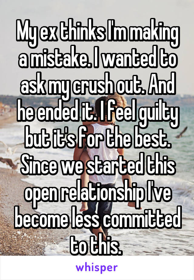 My ex thinks I'm making a mistake. I wanted to ask my crush out. And he ended it. I feel guilty but it's for the best. Since we started this open relationship I've become less committed to this. 