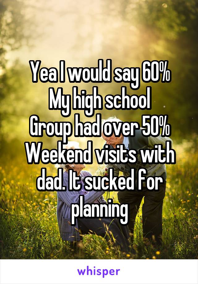 Yea I would say 60%
My high school
Group had over 50%
Weekend visits with dad. It sucked for planning