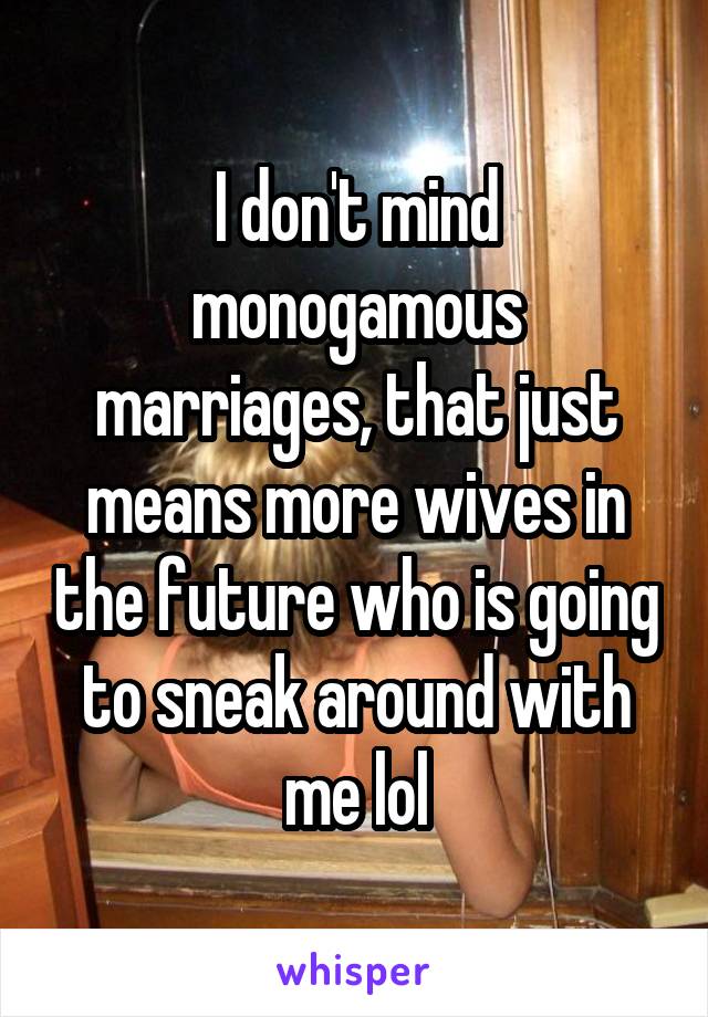 I don't mind monogamous marriages, that just means more wives in the future who is going to sneak around with me lol