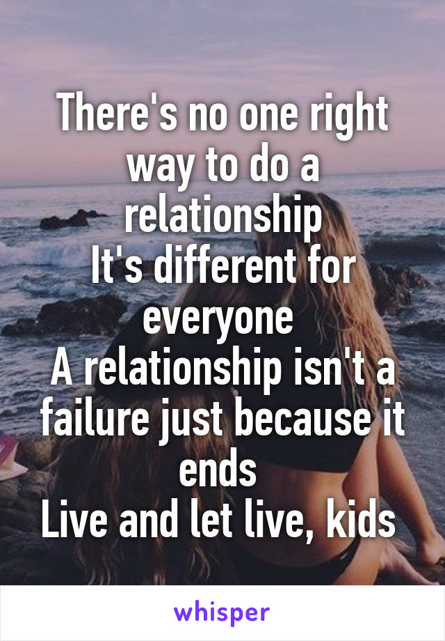 There's no one right way to do a relationship
It's different for everyone 
A relationship isn't a failure just because it ends 
Live and let live, kids 