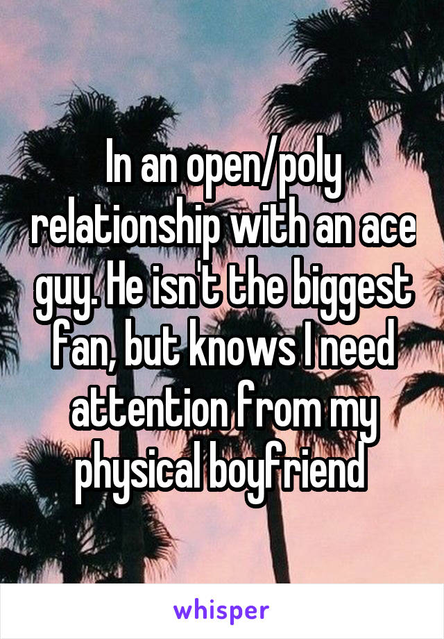 In an open/poly relationship with an ace guy. He isn't the biggest fan, but knows I need attention from my physical boyfriend 