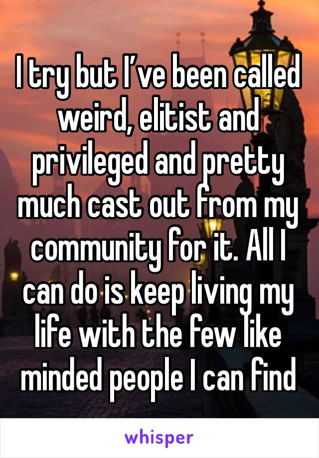 I try but I’ve been called weird, elitist and privileged and pretty much cast out from my community for it. All I can do is keep living my life with the few like minded people I can find