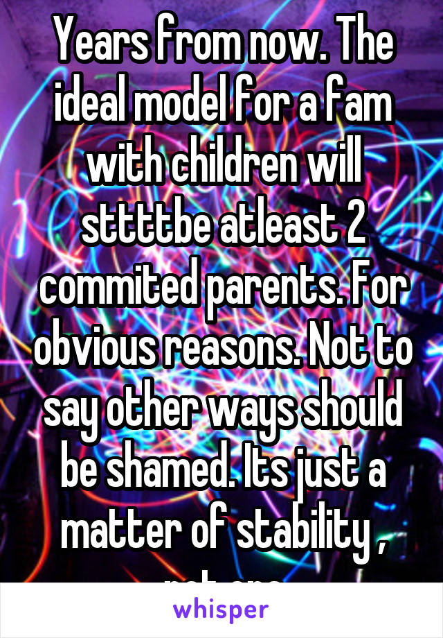 Years from now. The ideal model for a fam with children will sttttbe atleast 2 commited parents. For obvious reasons. Not to say other ways should be shamed. Its just a matter of stability , not era