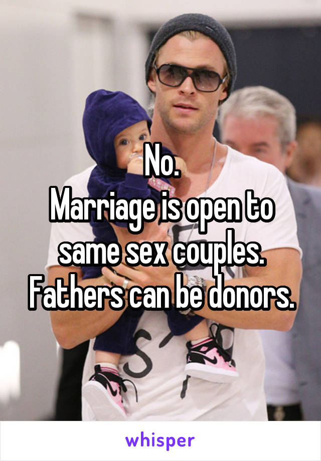 No.
Marriage is open to same sex couples.
Fathers can be donors.