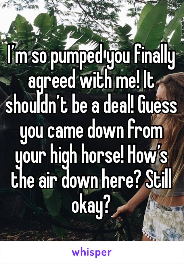 I’m so pumped you finally agreed with me! It shouldn’t be a deal! Guess you came down from your high horse! How’s the air down here? Still okay? 