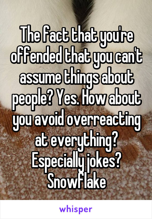 The fact that you're offended that you can't assume things about people? Yes. How about you avoid overreacting at everything? Especially jokes? Snowflake