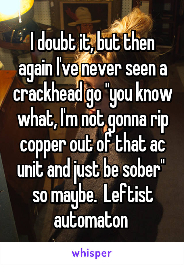 I doubt it, but then again I've never seen a crackhead go "you know what, I'm not gonna rip copper out of that ac unit and just be sober"  so maybe.  Leftist automaton 