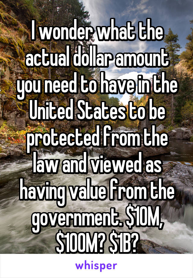 I wonder what the actual dollar amount you need to have in the United States to be protected from the law and viewed as having value from the government. $10M, $100M? $1B?