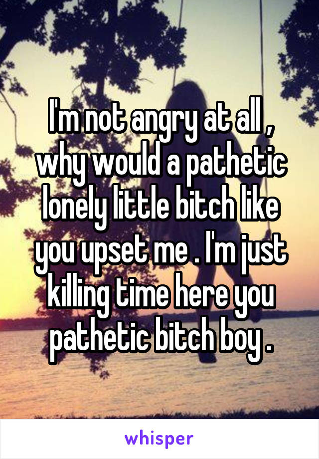 I'm not angry at all , why would a pathetic lonely little bitch like you upset me . I'm just killing time here you pathetic bitch boy .