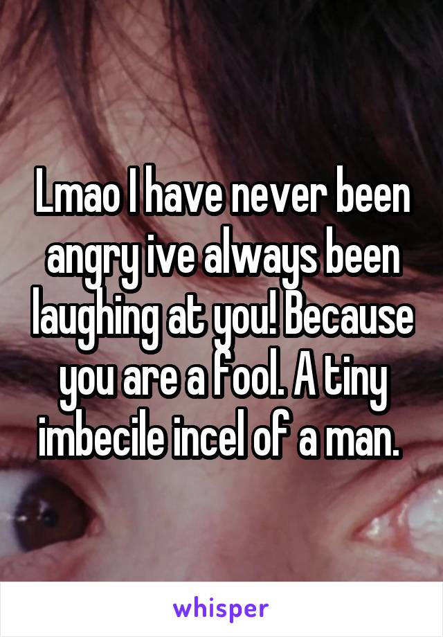 Lmao I have never been angry ive always been laughing at you! Because you are a fool. A tiny imbecile incel of a man. 