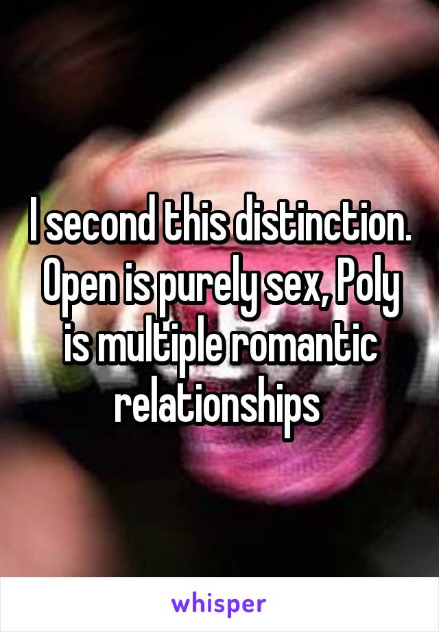 I second this distinction. Open is purely sex, Poly is multiple romantic relationships 