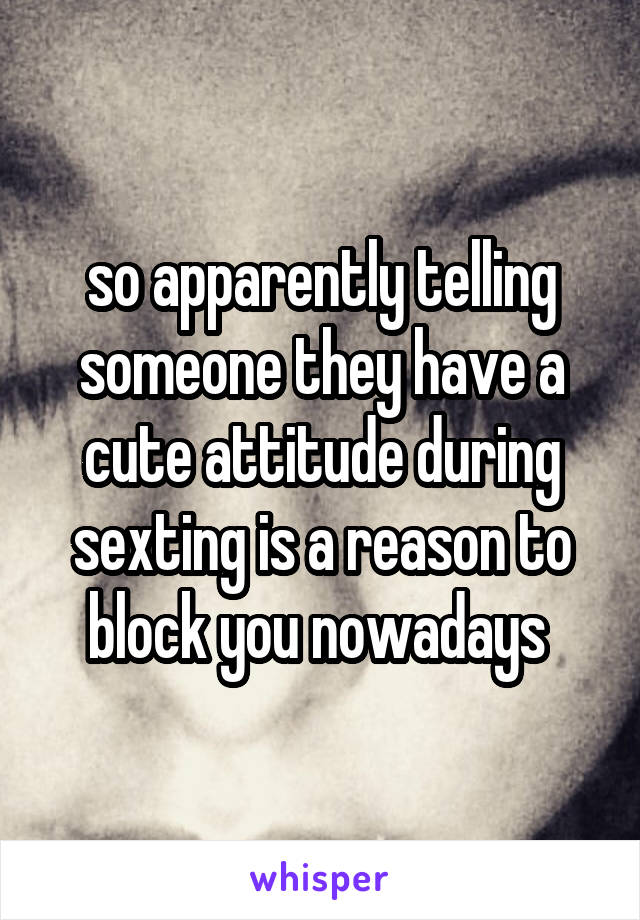 so apparently telling someone they have a cute attitude during sexting is a reason to block you nowadays 