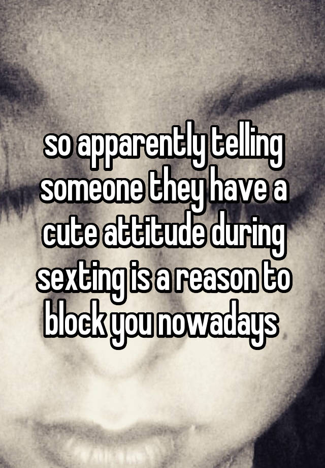 so apparently telling someone they have a cute attitude during sexting is a reason to block you nowadays 