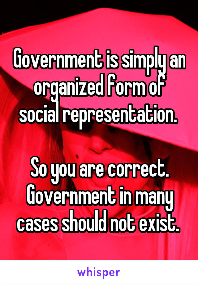 Government is simply an organized form of social representation. 

So you are correct. Government in many cases should not exist. 
