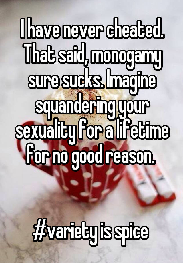 I have never cheated. That said, monogamy sure sucks. Imagine squandering your sexuality for a lifetime for no good reason. 


#variety is spice 