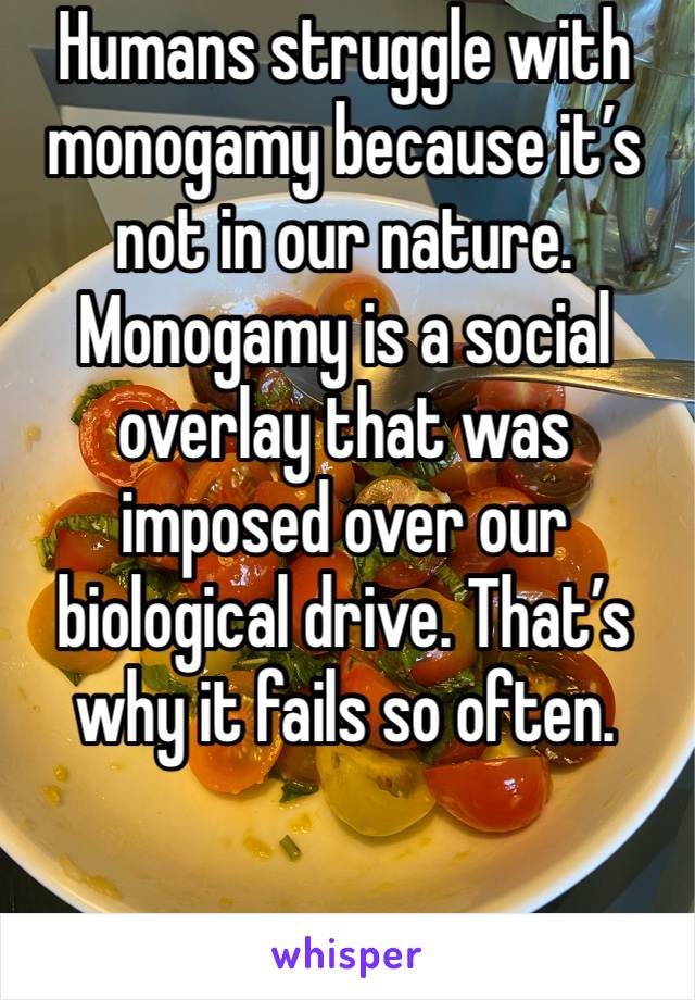 Humans struggle with monogamy because it’s not in our nature. Monogamy is a social overlay that was imposed over our biological drive. That’s why it fails so often. 