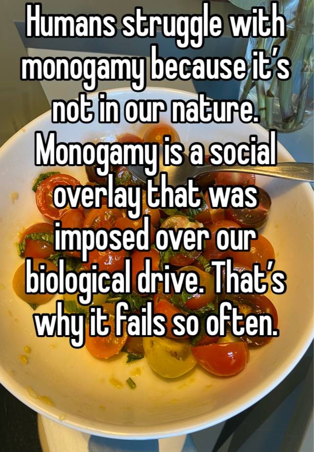 Humans struggle with monogamy because it’s not in our nature. Monogamy is a social overlay that was imposed over our biological drive. That’s why it fails so often. 