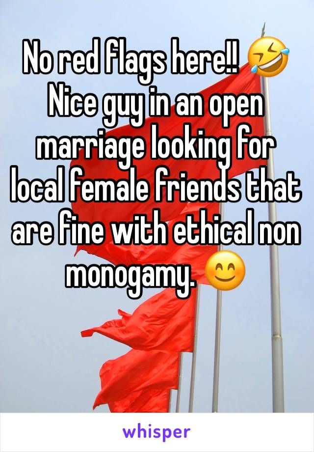 No red flags here!! 🤣
Nice guy in an open marriage looking for local female friends that are fine with ethical non monogamy. 😊