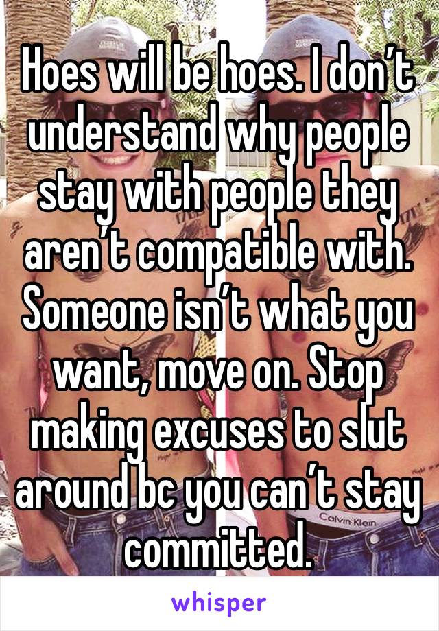 Hoes will be hoes. I don’t understand why people stay with people they aren’t compatible with. Someone isn’t what you want, move on. Stop making excuses to slut around bc you can’t stay committed. 