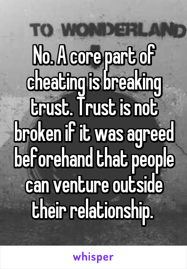 No. A core part of cheating is breaking trust. Trust is not broken if it was agreed beforehand that people can venture outside their relationship. 