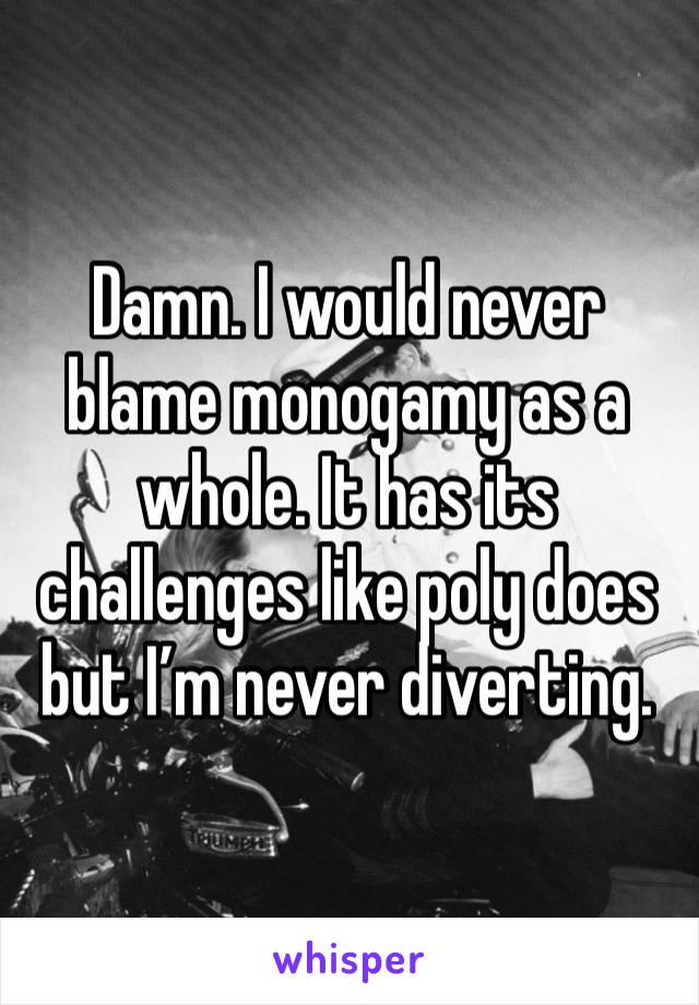 Damn. I would never blame monogamy as a whole. It has its challenges like poly does but I’m never diverting.