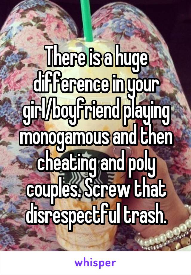 There is a huge difference in your girl/boyfriend playing monogamous and then cheating and poly couples. Screw that disrespectful trash.