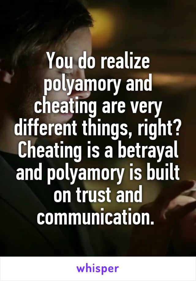 You do realize polyamory and cheating are very different things, right? Cheating is a betrayal and polyamory is built on trust and communication. 