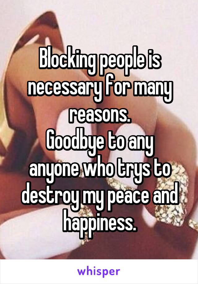 Blocking people is necessary for many reasons.
Goodbye to any
anyone who trys to destroy my peace and happiness.