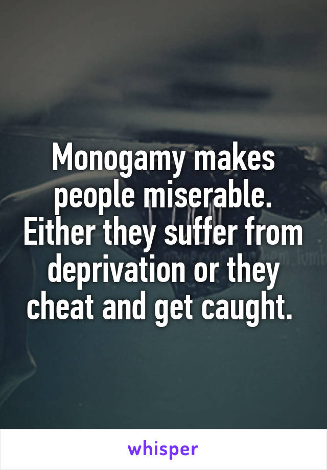 Monogamy makes people miserable. Either they suffer from deprivation or they cheat and get caught. 