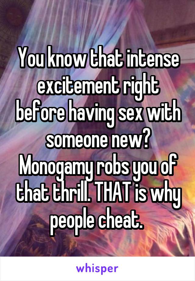 You know that intense excitement right before having sex with someone new? Monogamy robs you of that thrill. THAT is why people cheat. 