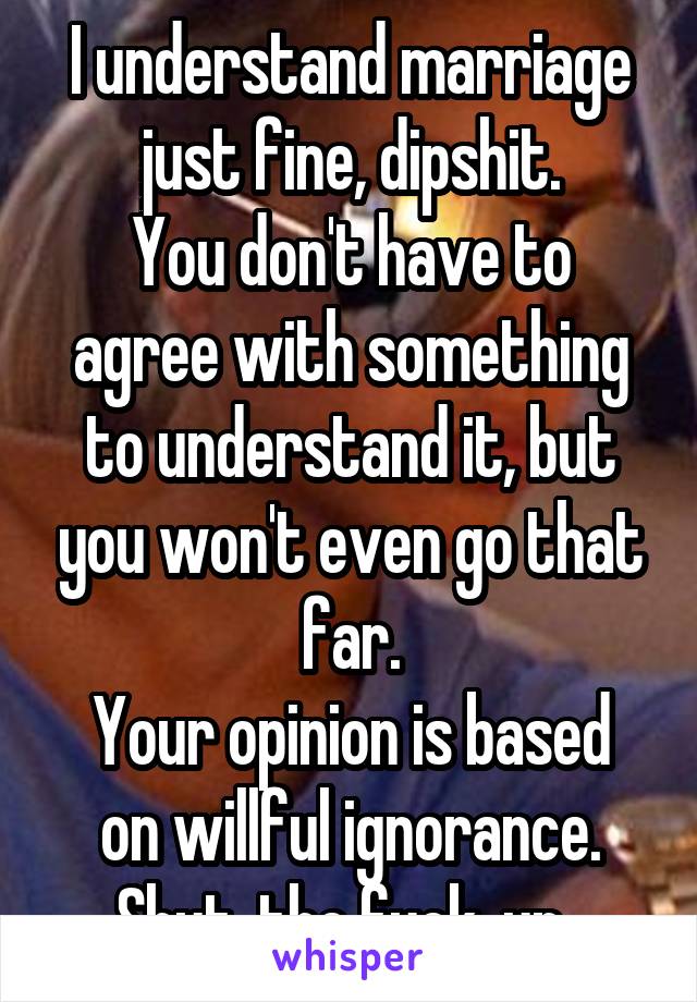 I understand marriage just fine, dipshit.
You don't have to agree with something to understand it, but you won't even go that far.
Your opinion is based on willful ignorance.
Shut, the fuck, up. 